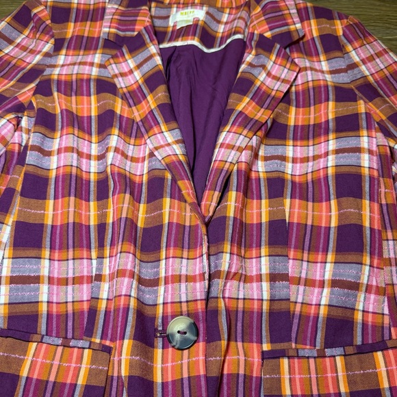Maeve Anthropologie Vibrant Pink Purple Multicolor Plaid Button Blazer - Picture 2 of 16